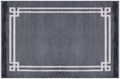 7x10ft, Modern Charcoal Gray Bamboo Silk Area Rug with White Greek Key Geometric Border