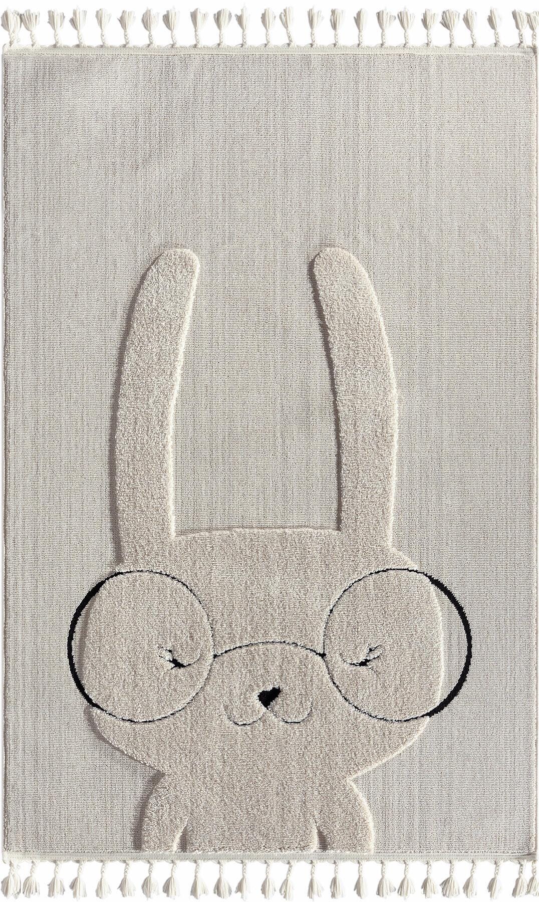 Bunny Nursery Rug with Tassels – Tufted Cream Playroom Decor