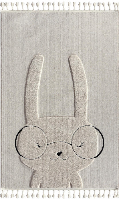 Bunny Nursery Rug with Tassels – Tufted Cream Playroom Decor