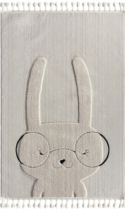Bunny Nursery Rug with Tassels – Tufted Cream Playroom Decor