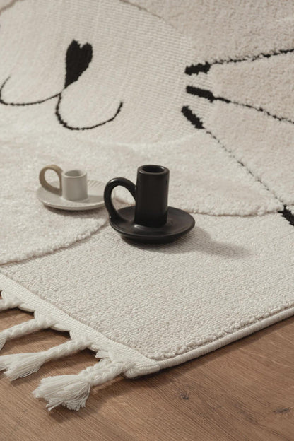 3D Tufted Cat Face Rug – Neutral Boho Nursery Playroom Decor with Tassels