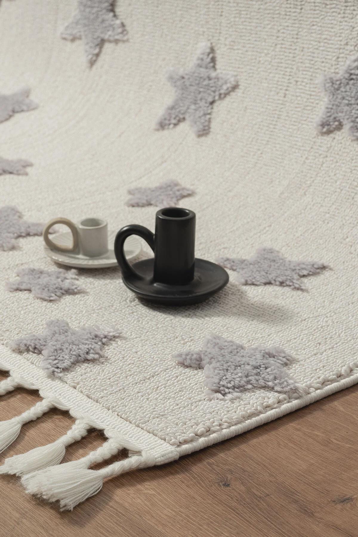 Neutral Star Nursery Rug – Boho Tasseled Playroom Decor, Cream Grey Celestial Area Rug