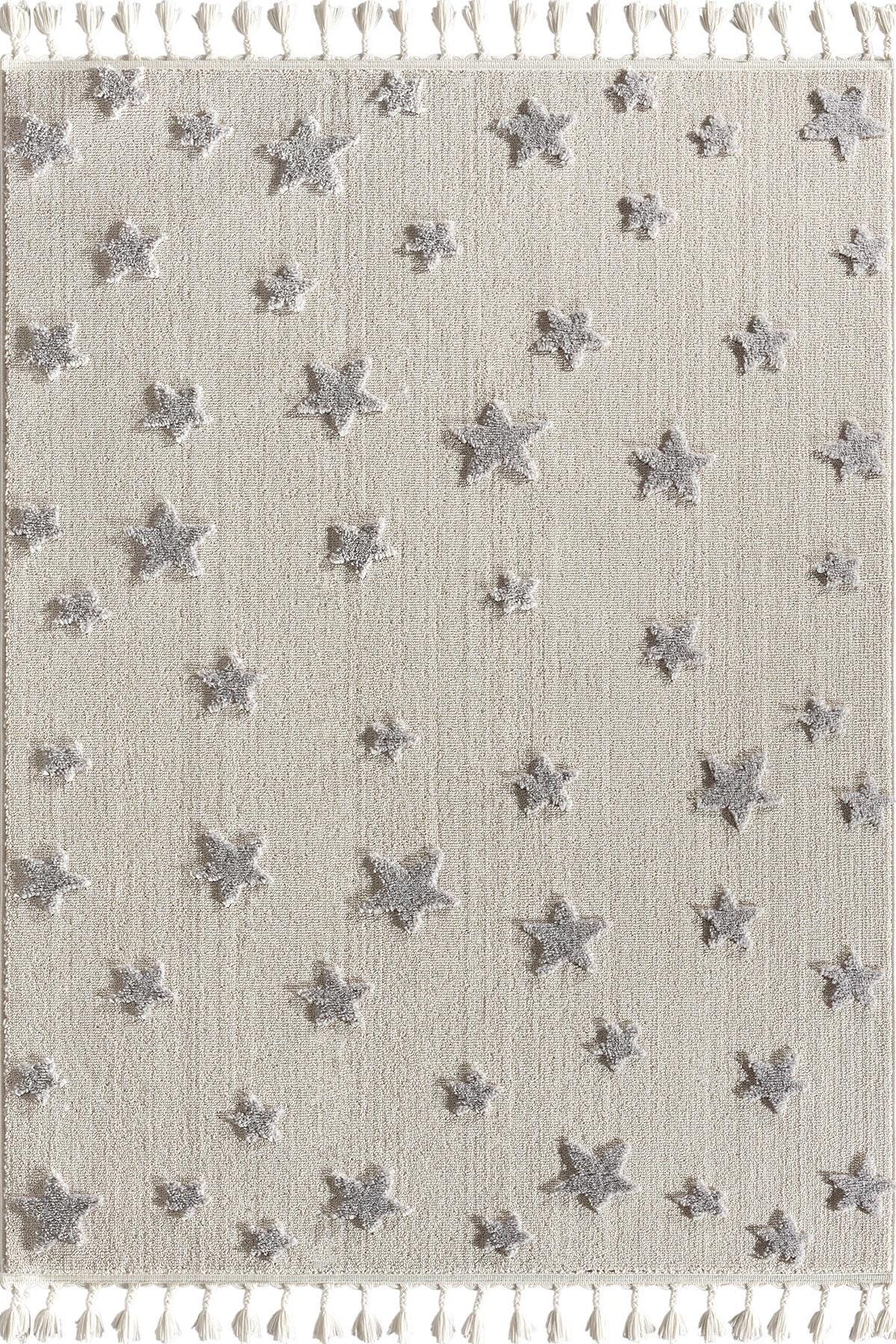 Neutral Star Nursery Rug – Boho Tasseled Playroom Decor, Cream Grey Celestial Area Rug