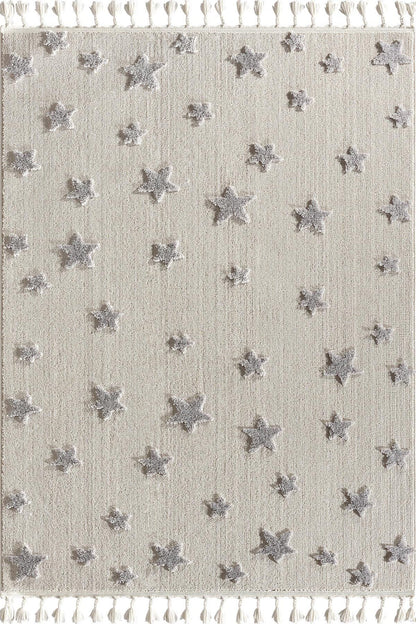 Neutral Star Nursery Rug – Boho Tasseled Playroom Decor, Cream Grey Celestial Area Rug