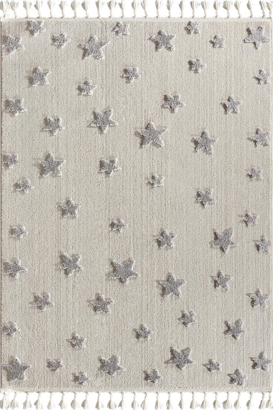 Neutral Star Nursery Rug – Boho Tasseled Playroom Decor, Cream Grey Celestial Area Rug