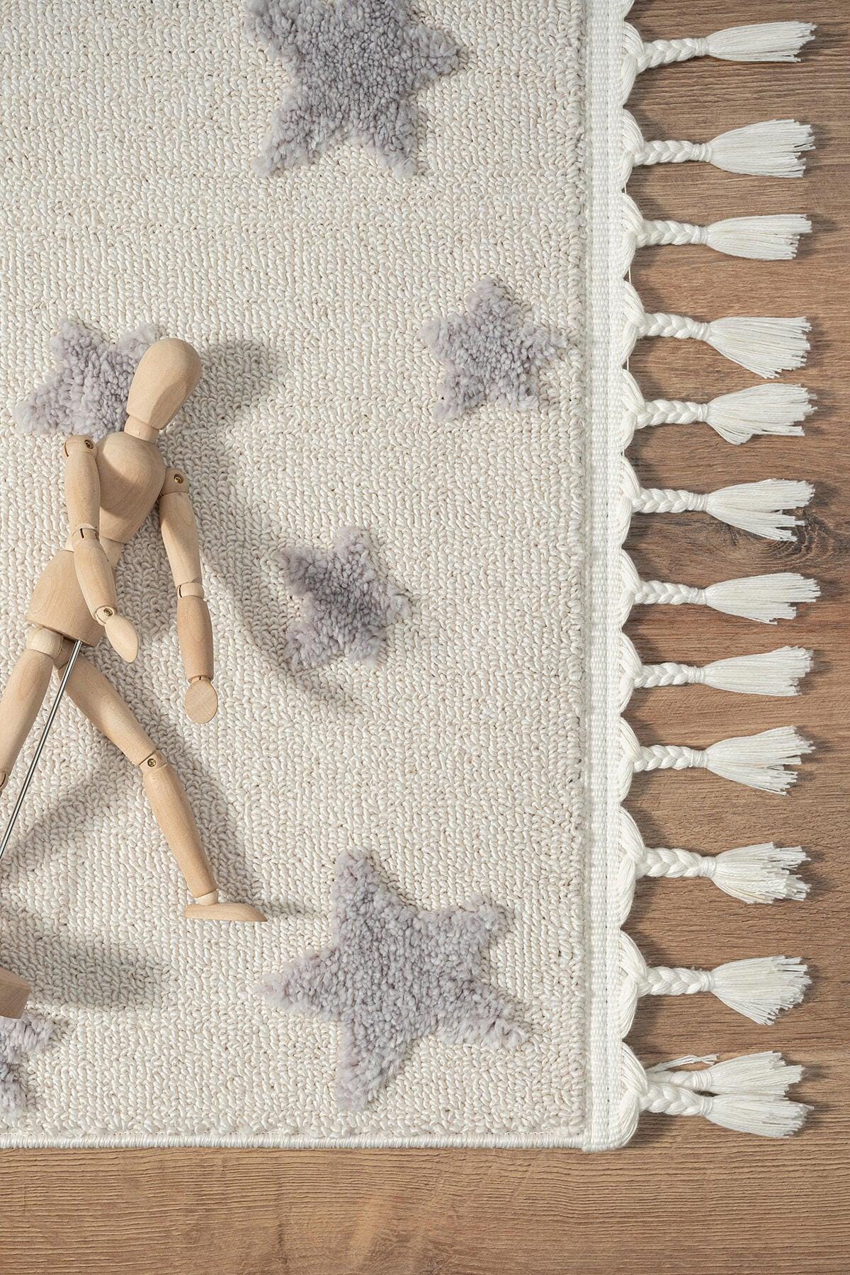 Neutral Star Nursery Rug – Boho Tasseled Playroom Decor, Cream Grey Celestial Area Rug