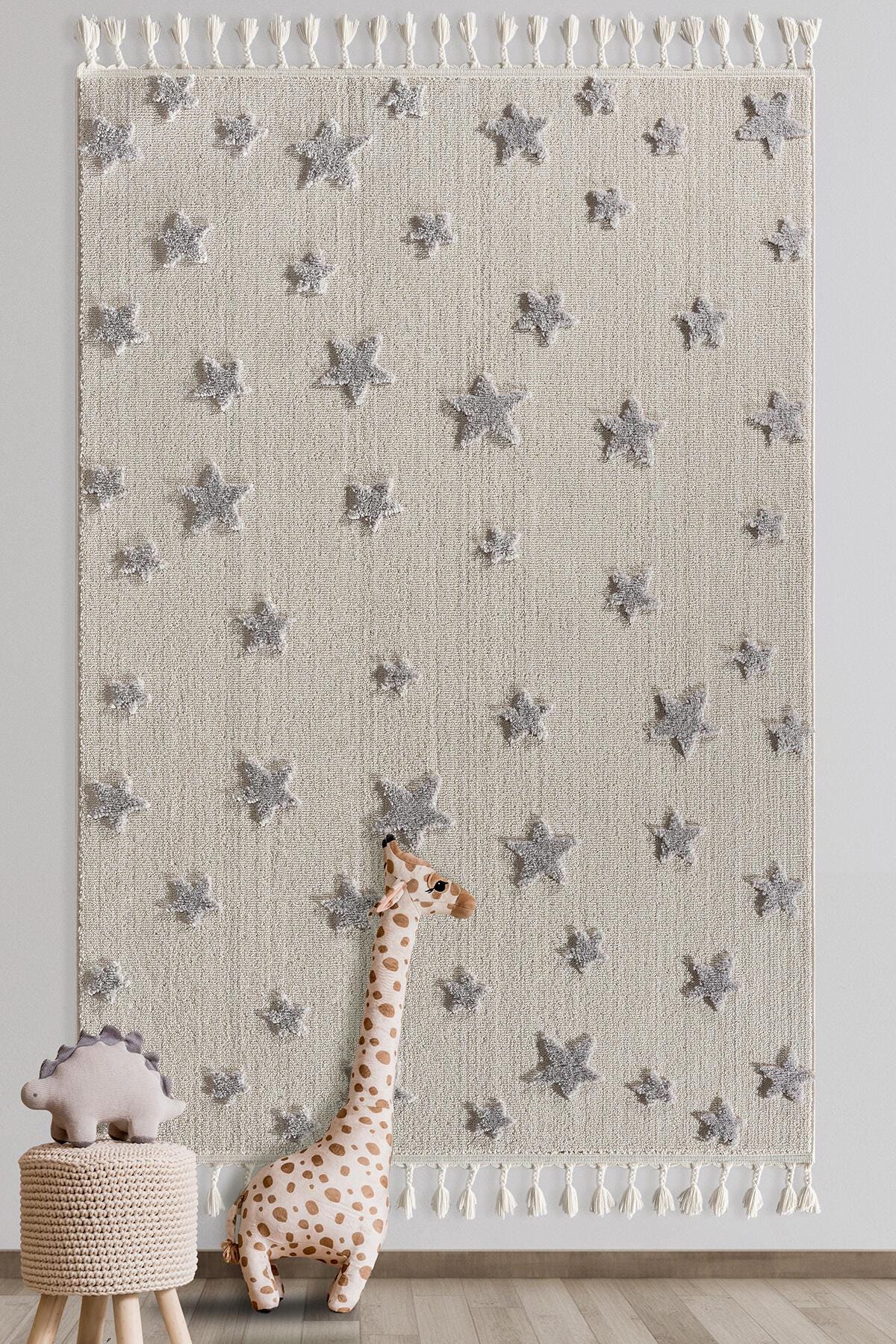 Neutral Star Nursery Rug – Boho Tasseled Playroom Decor, Cream Grey Celestial Area Rug