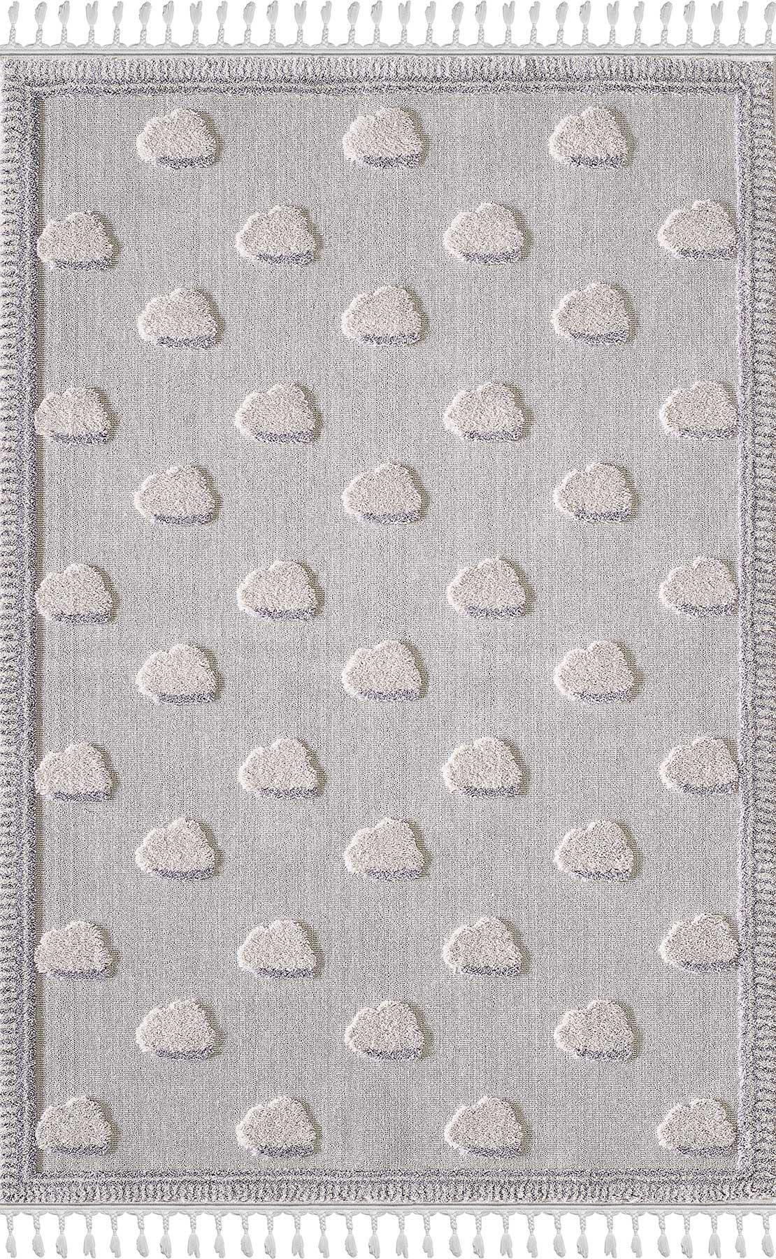 3D Cloud Nursery Rug – Soft Grey Boho Tassels Playroom Decor