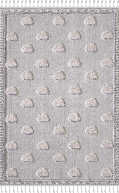 3D Cloud Nursery Rug – Soft Grey Boho Tassels Playroom Decor