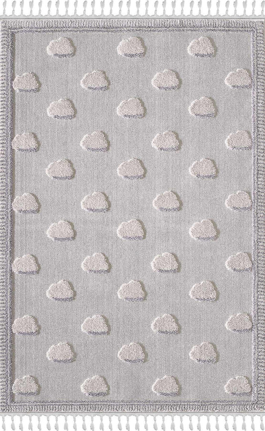 3D Cloud Nursery Rug – Soft Grey Boho Tassels Playroom Decor