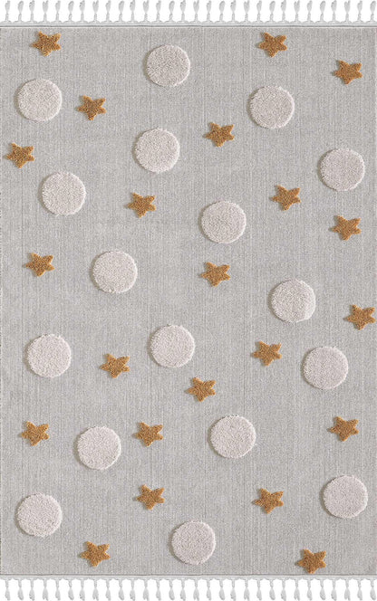 Celestial Stars and Moons Rug – Neutral Grey Boho Nursery Carpet