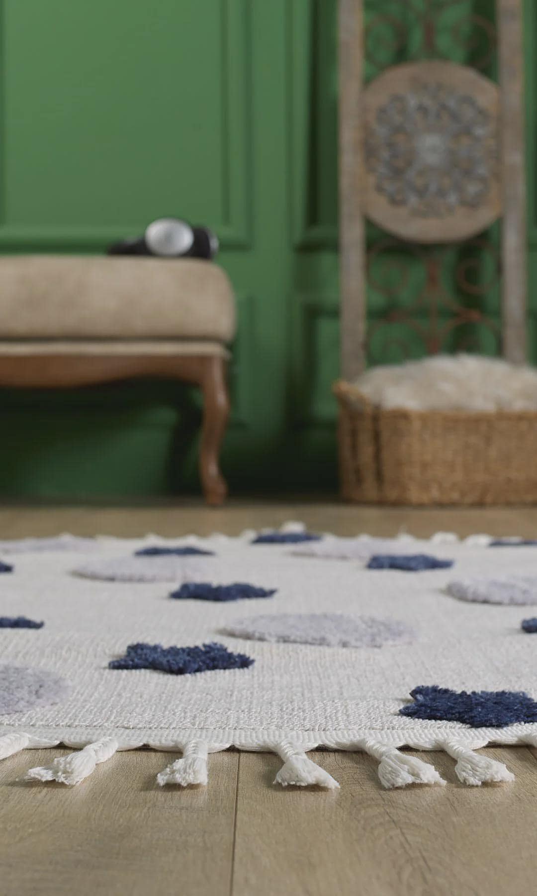 Round Galaxy Nursery Rug with Tassels – Celestial Boho Kids Room Decor