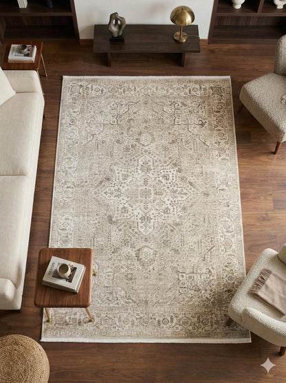Distressed Persian Medallion Area Rug – Neutral Boho Living Room Carpet (5x8 ft)