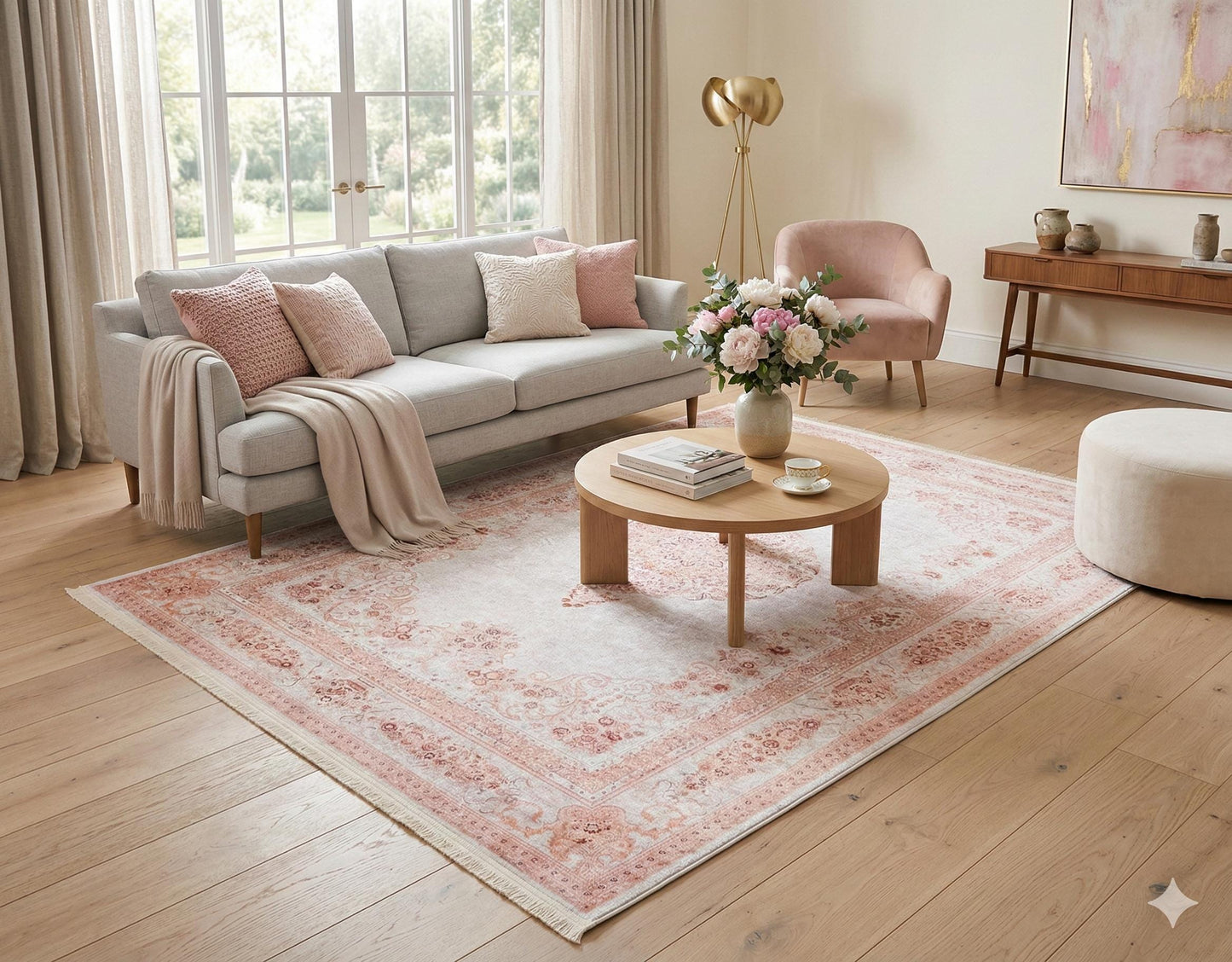 Distressed Oriental Medallion Rug, Boho Blush Carpet, Washable Living Room Area Rug