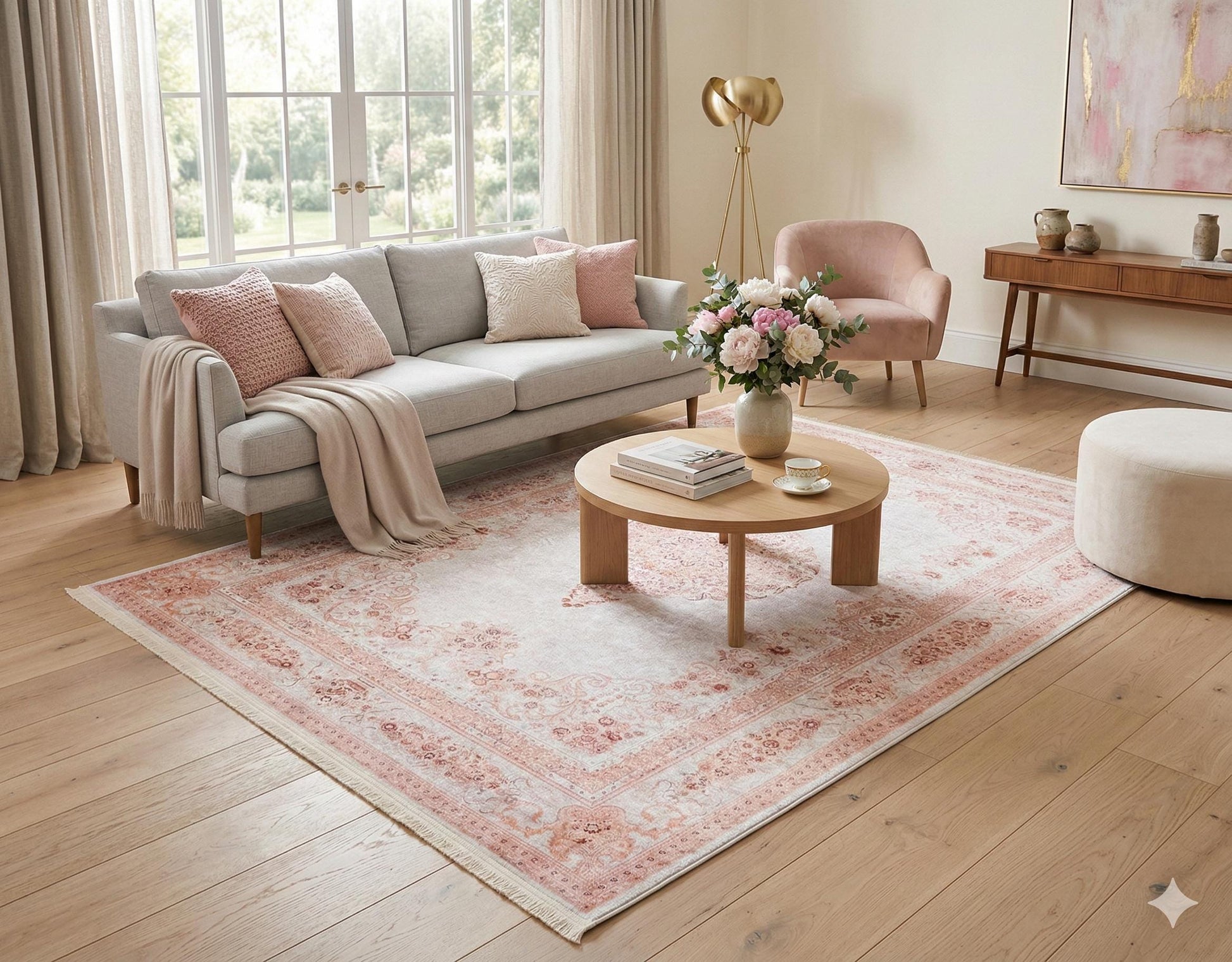 Distressed Oriental Medallion Rug, Boho Blush Carpet, Washable Living Room Area Rug