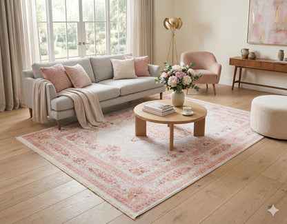 Distressed Oriental Medallion Rug, Boho Blush Carpet, Washable Living Room Area Rug