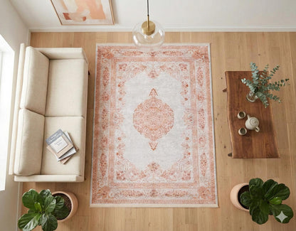 Distressed Oriental Medallion Rug, Boho Blush Carpet, Washable Living Room Area Rug
