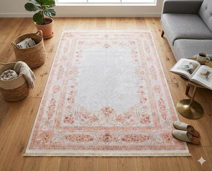 Blush Pink Vintage Floral Area Rug – Washable Traditional Carpet with Border
