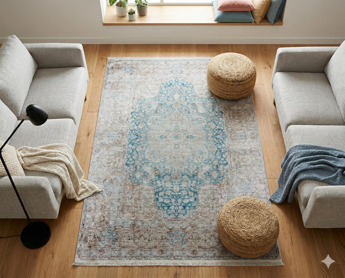 Distressed Medallion Area Rug – Turquoise Persian Style Carpet, Non-Slip
