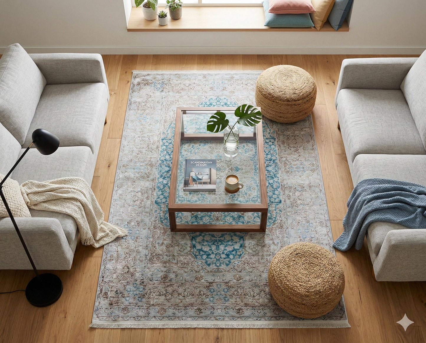 Distressed Medallion Area Rug – Turquoise Persian Style Carpet, Non-Slip