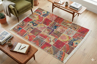 Red Boho Patchwork Area Rug – Turkish Kilim Style, Non-Slip Carpet