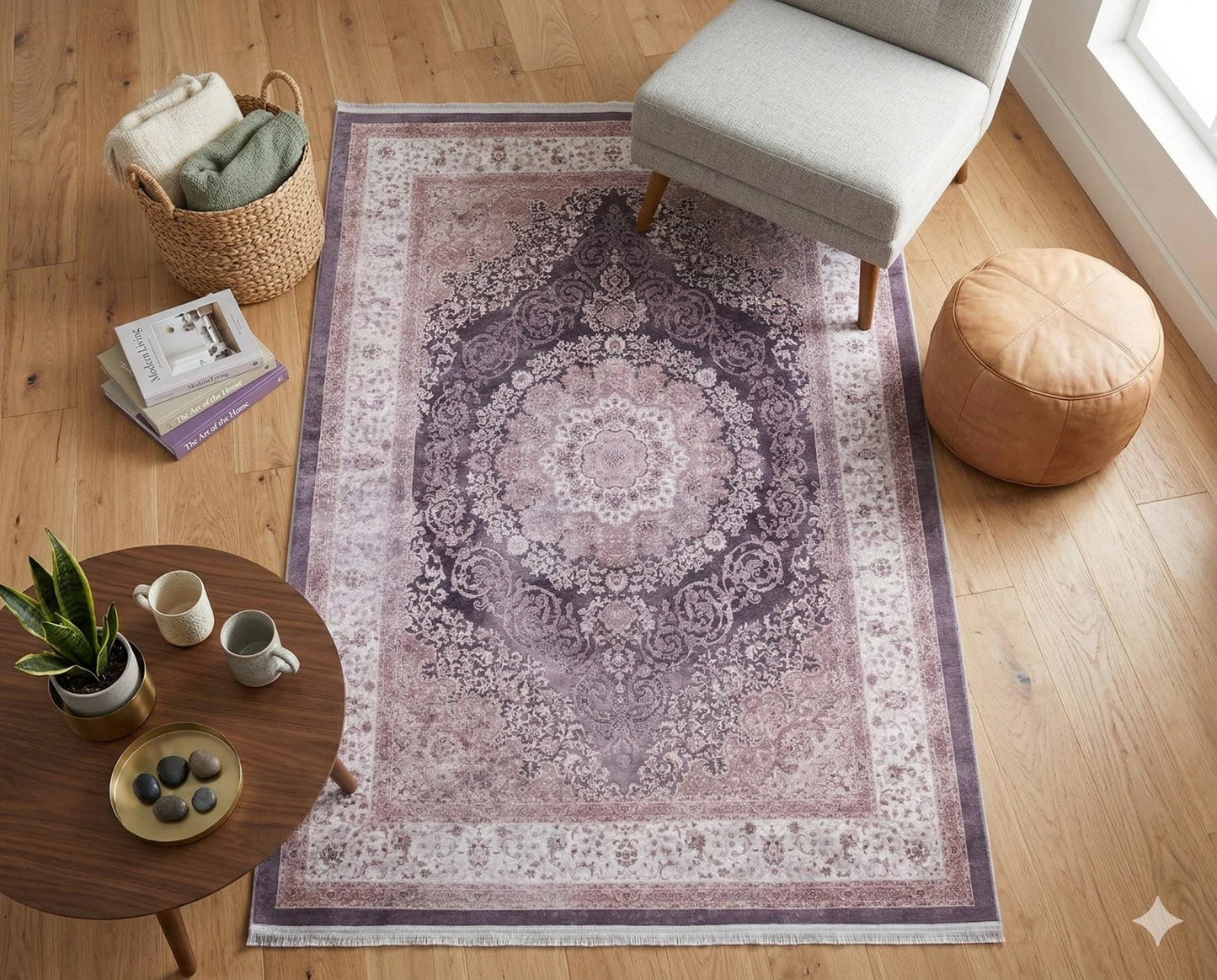 Washable Distressed Persian Medallion Rug – Dusty Mauve Lilac Boho Style