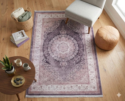 Washable Distressed Persian Medallion Rug – Dusty Mauve Lilac Boho Style