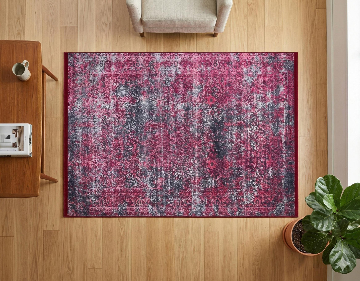 Distressed Magenta Persian Style Area Rug – Boho Living Room, Machine Washable Carpet