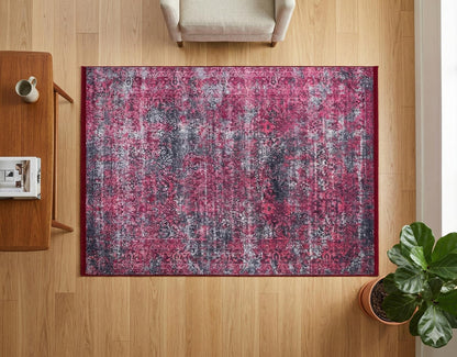 Distressed Magenta Persian Style Area Rug – Boho Living Room, Machine Washable Carpet