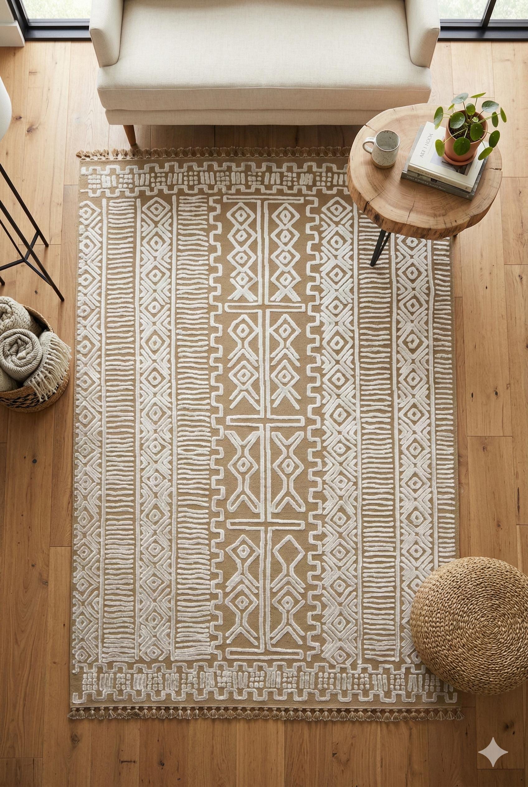Modern Geometric High-Low Pile Viscose Carpet – Beige & White Tribal Design Area Rug