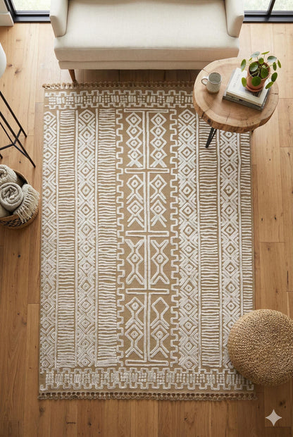 Modern Geometric High-Low Pile Viscose Carpet – Beige & White Tribal Design Area Rug