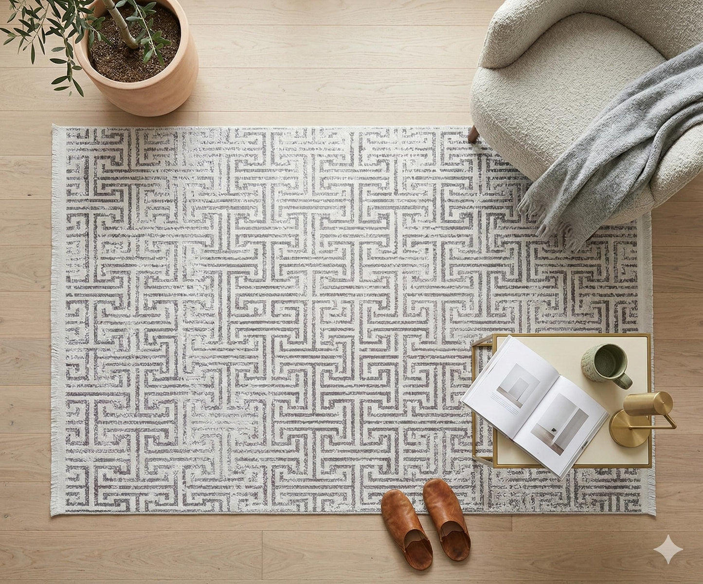 Distressed Greek Key Area Rug – Washable Cream Grey Geometric Labyrinth