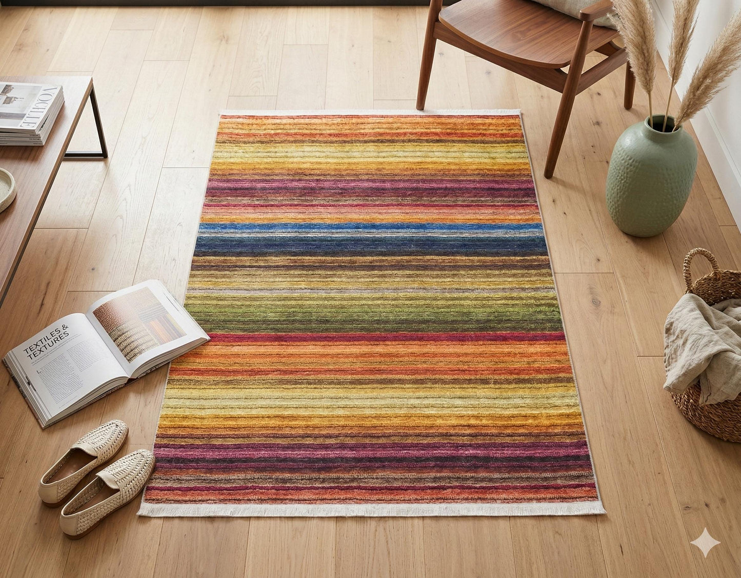 Modern Multi-Color Striped Washable Area Rug – Vibrant Boho Rainbow Style – Non-Slip & Machine Washable