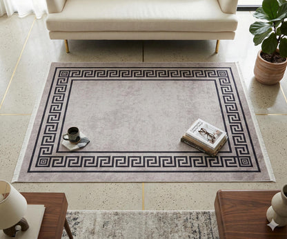 Washable Area Rug – Greek Key Border, Non-Slip, Modern Meander Design