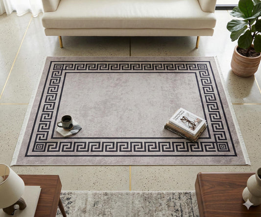 Washable Area Rug – Greek Key Border, Non-Slip, Modern Meander Design