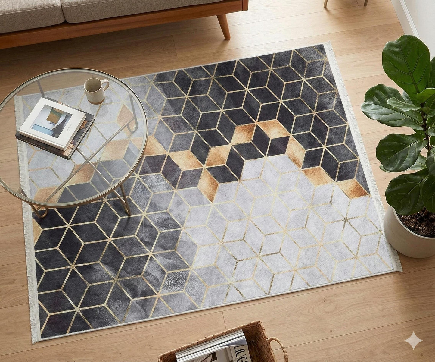 Modern Geometric Hexagon Rug, Gray Gold Contemporary Carpet, Washable Living Room Area Rug
