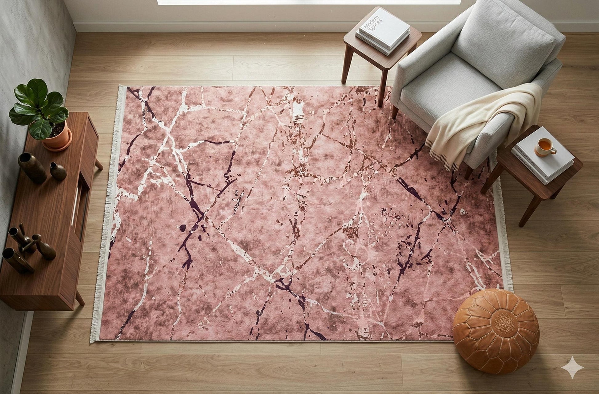 Pink Marble Area Rug – Rose Gold Mauve Washable Boho Carpet, Non-Slip Low Pile