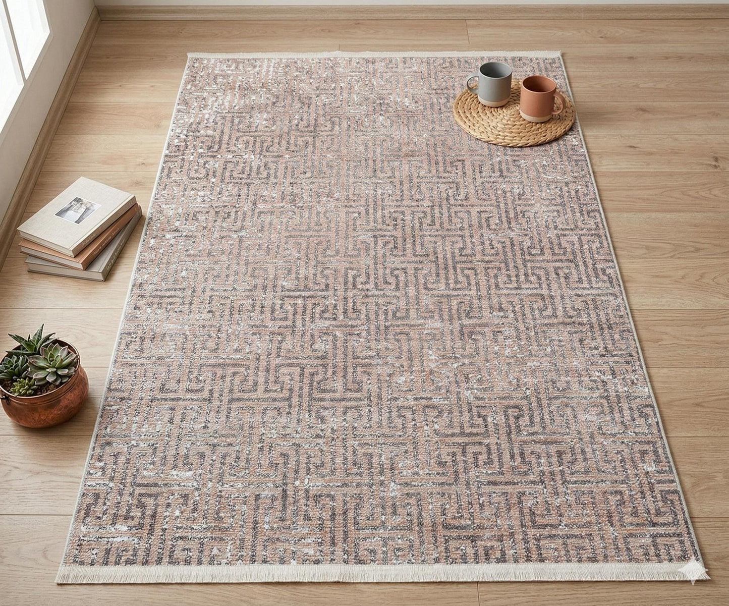 Modern Greek Key Distressed Washable Area Rug – Faded Terracotta & Grey Geometric Non-Slip Carpet