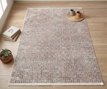 Modern Greek Key Distressed Washable Area Rug – Faded Terracotta & Grey Geometric Non-Slip Carpet