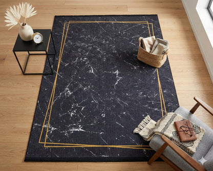 Modern Black Marble Area Rug – Gold Geometric Border, Washable Non-Slip Carpet