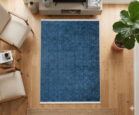 Navy Blue Greek Key Washable Area Rug, Distressed Indigo Geometric Carpet