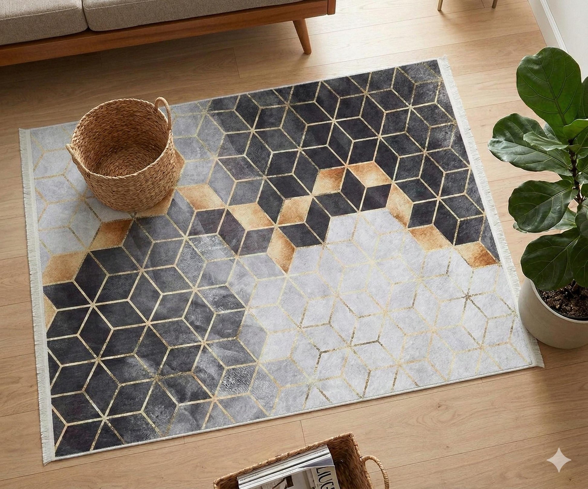 Modern Geometric Hexagon Rug, Gray Gold Contemporary Carpet, Washable Living Room Area Rug
