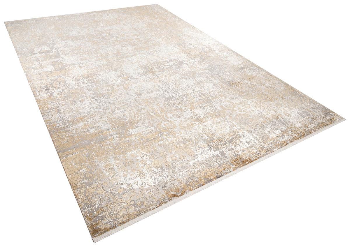 8x11 ft, Vintage-Inspired Distressed Damask Area Rug - Abstract Gold and Silver Gray Rug