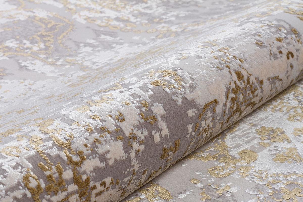 8x11 ft, Vintage-Inspired Distressed Damask Area Rug - Abstract Gold and Silver Gray Rug