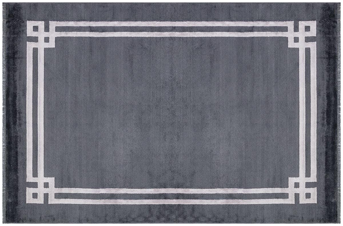 8x11 ft, Modern Geometric Border Area Rug in Charcoal and Silver
