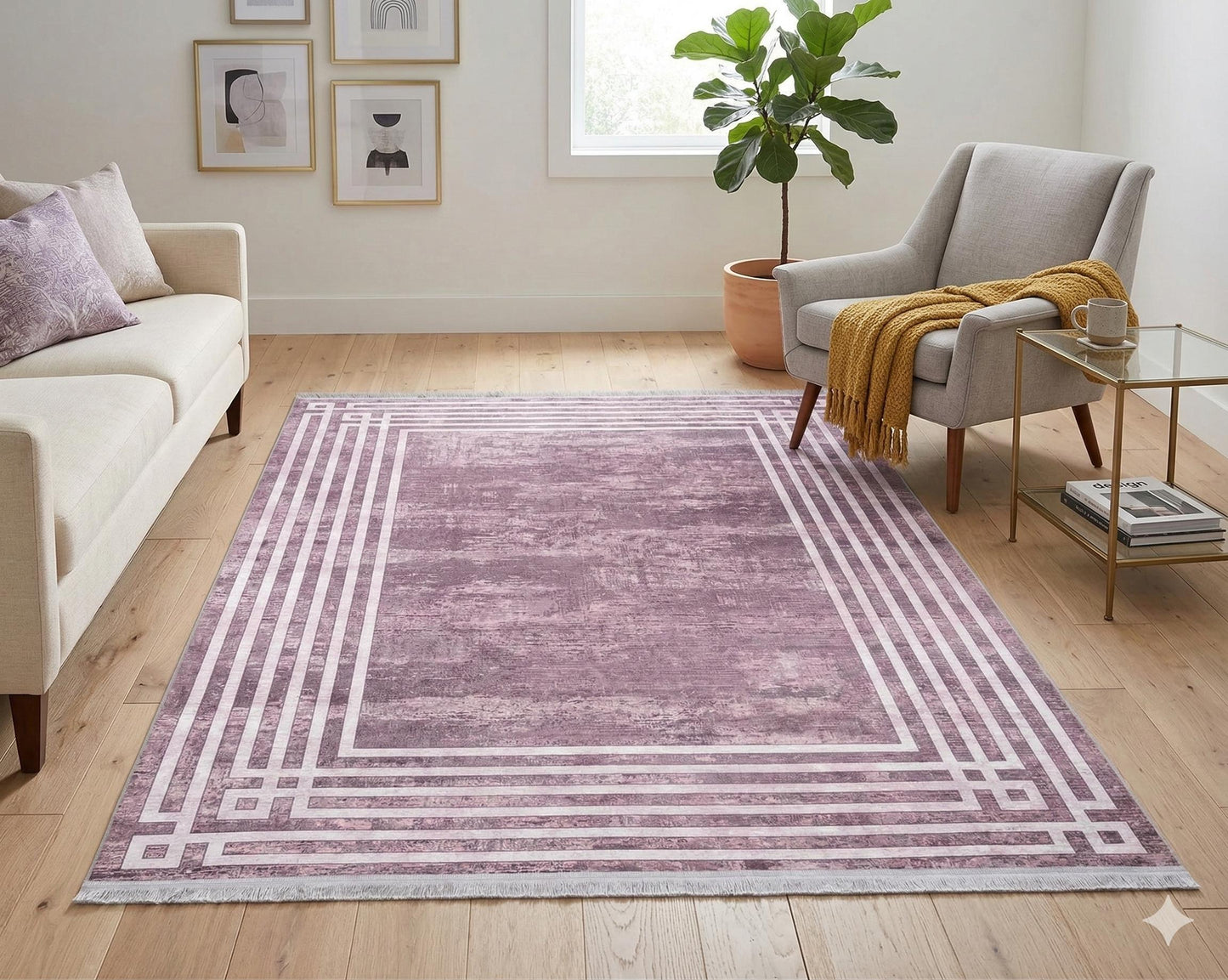 Pink Vintage Geometric Border Area Rug – Washable Pastel Living Room Carpet
