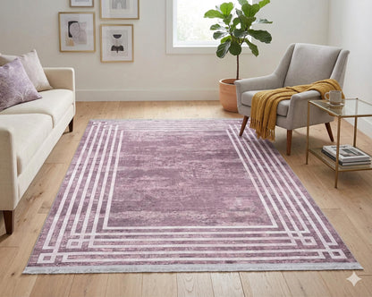 Pink Vintage Geometric Border Area Rug – Washable Pastel Living Room Carpet