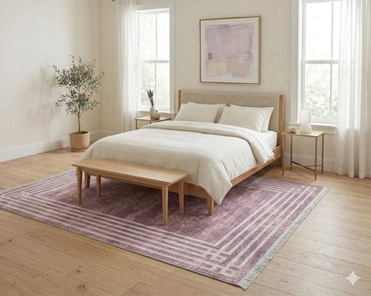 Pink Vintage Geometric Border Area Rug – Washable Pastel Living Room Carpet