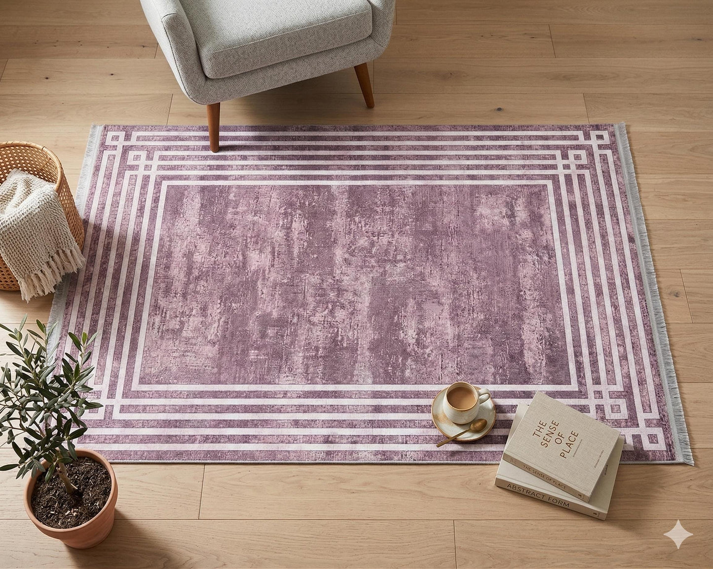 Pink Vintage Geometric Border Area Rug – Washable Pastel Living Room Carpet
