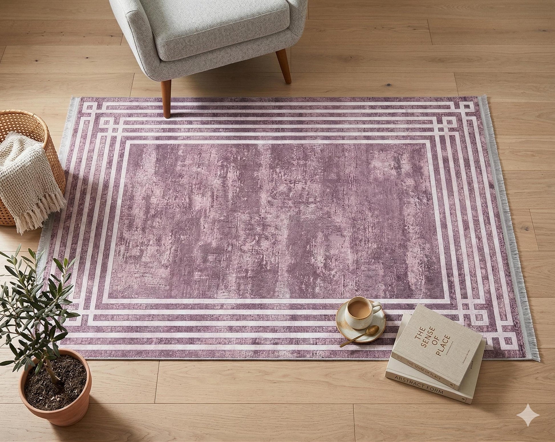 Pink Vintage Geometric Border Area Rug – Washable Pastel Living Room Carpet